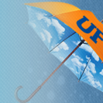 orange umbrella with uf in blue on it