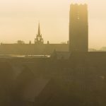 Foggy morning view of the Century Tower. UF Monuments and Buildings